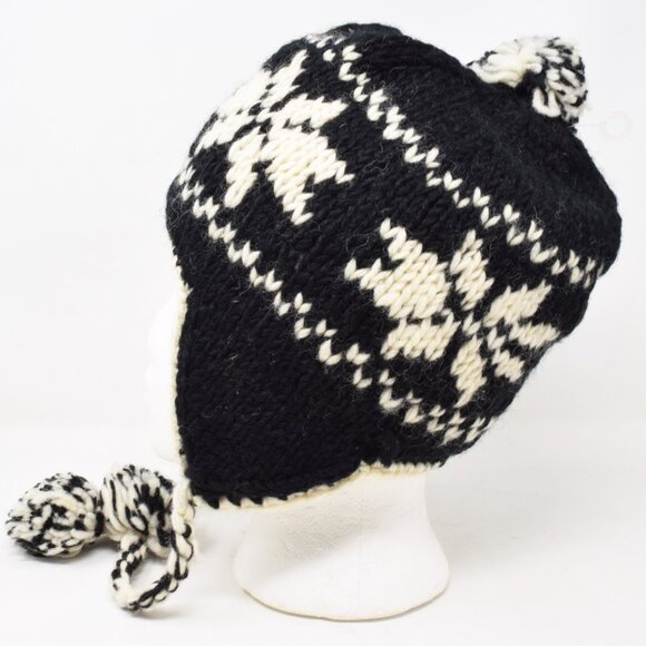 Nepal Beanie Knit Wool Women Hat Snowflake Pom Chin Tie Ear Flap Trapper Lined - Picture 5 of 11